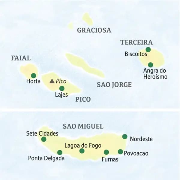 Die Karte zeigt den Verlauf unserer Naturstudienreise zu den Azoren: Sao Miguel Ponta Delgada, Lagao do Fogo Furnas, Faial Horta, Terceira Biscoitos, Angra do Heroismo.