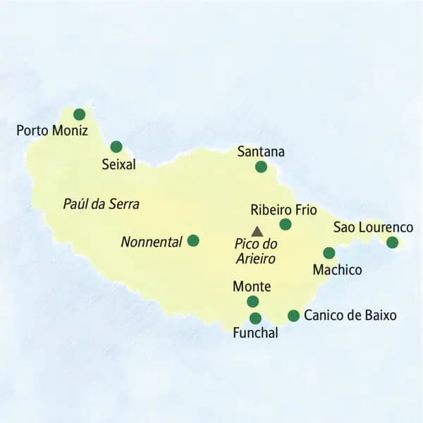 Die Karte zeigt Orte auf der Insel Madeira, die im Rahmen unserer Wanderreise besucht werden: Funchal, Monte, Nonnental, Porto Moniz, Seixal, Santana, Ribeiro Frio, Sao Lourenco, Machico, Canica de Baixo.