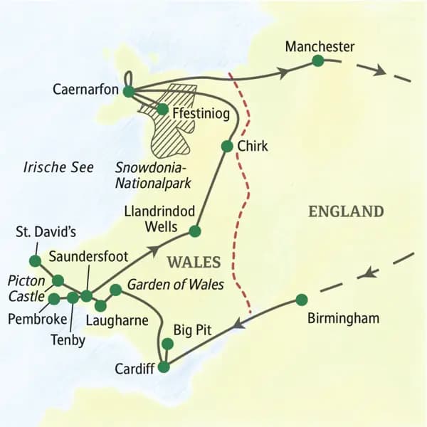 Die Karte zeigt den Verlauf unserer Studienreise nach Wales: Cardiff, Big Pit, Laugharen, Tenby, Pembroke, Carmarthen, St. David's, Llandrindod Wells, Chirk, Caernarfon, Manchester.