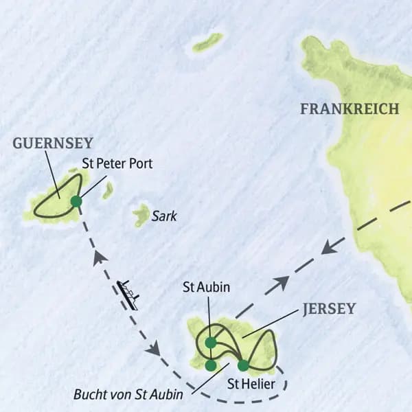 Bei der Reise auf die Kanalinseln übernachten Sie  auf Jersey in der Nähe von St Aubin. Bei einem Ausflug können Sie  Guernsey erkunden. Optional zubuchbar: ein  Ausflug nach Sark
