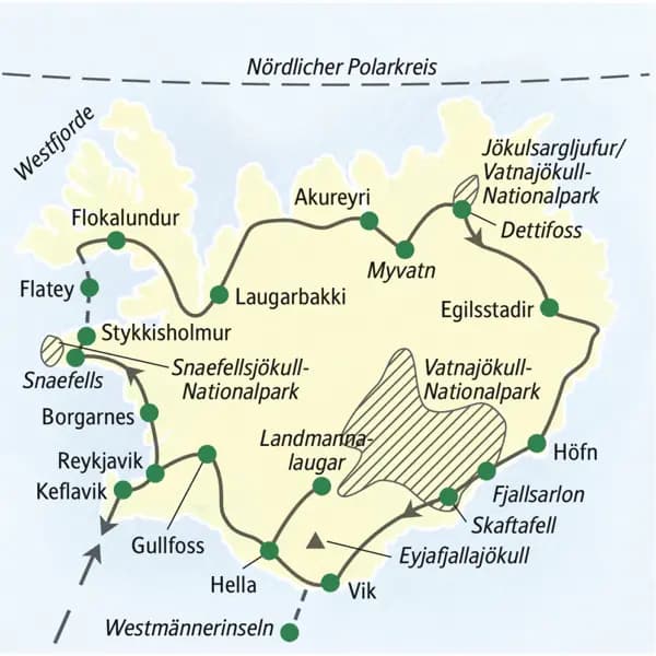 Unsere Studienreise nach Island beginnt in Keflavik, führt u.a. über My atn, Dettifoss, Vik zurück bis nach Reykjavik.