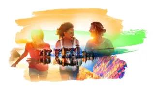 Eine Bildkollage mit drei lachenden jungen Menschen vor einem bunten Hintergrund.
