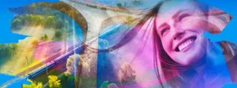 Eine künstlerische Darstellung eines Zuges in einer bunten, lebendigen Umgebung.