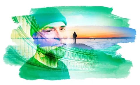 Eine Bildkollage in Grüntönen mit einem bärtigen Mann mit Mütze, einer Häuserreihe und einem Blicks aufs Meer.