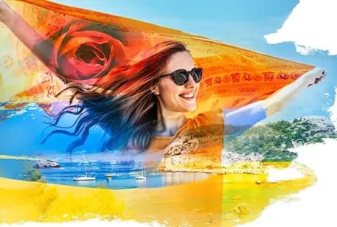 Eine Bildkollage mit einer lachenden Frau mit Sonnenbrille, die fröhlich ein oranges Tuch in einer sonnigen Landschaft hält.