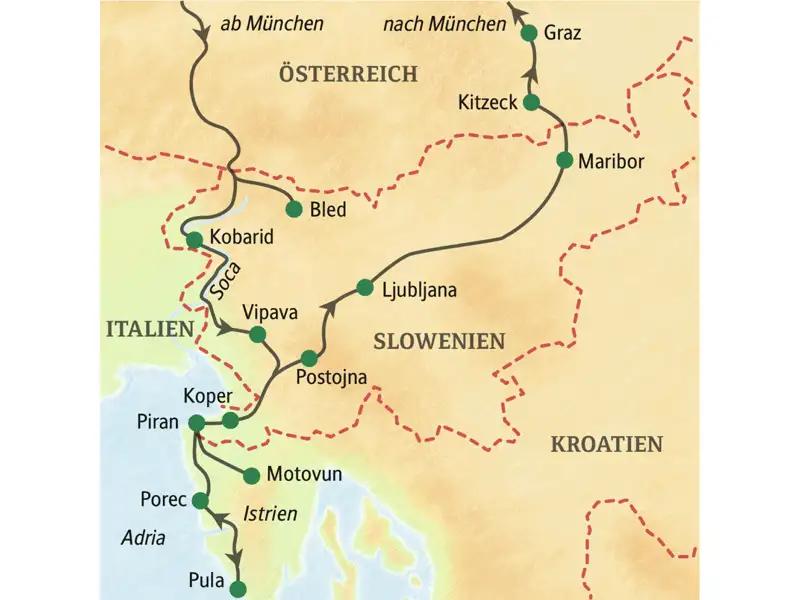 Eine Landkarte mit Reiseroute durch Österreich, Slowenien und Kroatien.