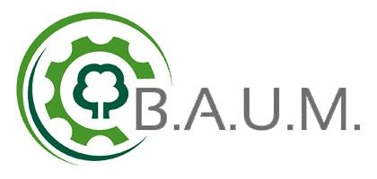 Nachhaltigkeitslogo von B.A.U.M. mit Baum und Zahnrädern.