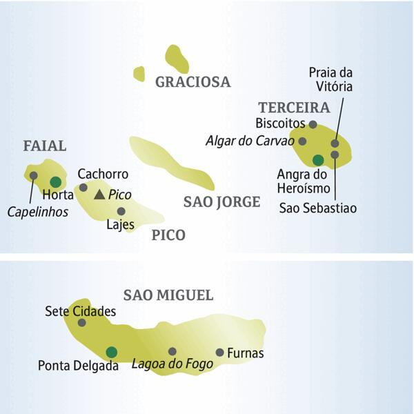 Die Karte zeigt Orte auf den Azoreninseln Sao Miguel, Terceira, Pico und Fayal, die wir auf unserer Reise für Singles und Alleinreisende besuchen: Ponta Delgada, Sete Cidades, Furnas, Angra do Heroismo Lajes, Horta.