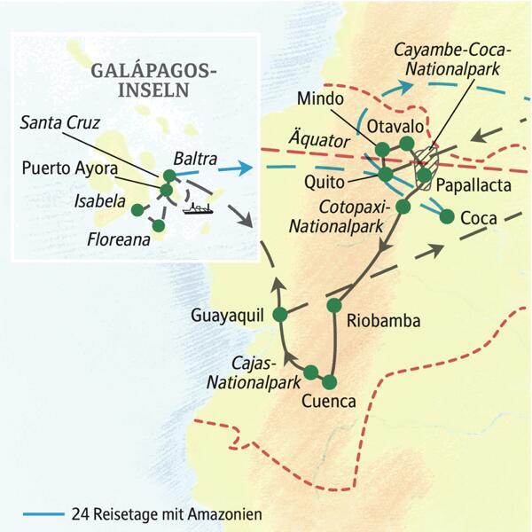 Die Reiseroute unserer Naturerlebnis-Studienreise durch Ecuador startet in Quito und führt über Mindo, San Pablo, Papallacta, Riobamba, Cuenca und Guayaquil sowie auf die Galápagos-Inseln Santa Cruz, Floreana und Isabela.