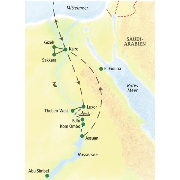 Auf der Studienreise Ägypten - Höhepunkte mit Nilkreuzfahrt kommen Sie nach Kairo, Gizeh, Sakkara, Luxor, Theben-West, Edfu, Kom Ombo und Assuan.