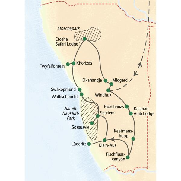In 18 Tage erleben Sie auf dieser Rundreise alle Höhepunkte Namibias von Süd nach Nord.