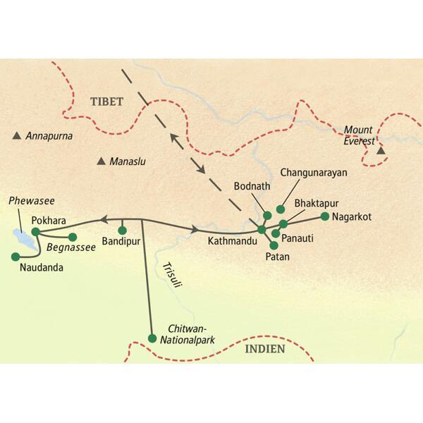 Die Karte zeigt den Verlauf unserer Studienreise Nepal - am Thron der Götter: Kathmandu, Chitwan-Nationalpark, Pokhara, Begnassee, Naudanda, Bandipur, Patan, Bodnath, Bhaktapur, Nagarkot, Panauti