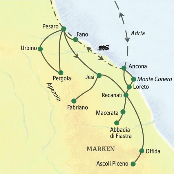Ausgehend von den beiden Standorten Pesaro und Recanati besuchen wir auf dieser Studienreise in die Marken alle Höhepunkte dieser Region an der Adria, wie z. B. Urbino, Pergola, Fabriano oder Ascoli Piceno.