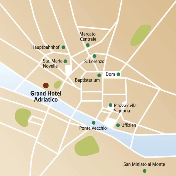 Der Stadtplan von Florenz zeigt den zentralen Standort des Hotels und die wichtigsten Sehenswürdigkeiten, die auf unserer Florenz-Städtereise besichtigt werden.