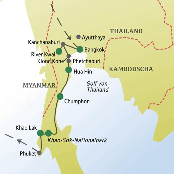 Auf der 14-tägigen Studiosus-Singlereise nach Thailand entdecken Sie neben der Hauptstadt Bangkok viele weitere tolle Orte wie Ayutthaya, Kanchanaburi, das Seebad Hua Hin, die Khao-Luang-Höhlen, den Khao-Sok-Nationalpark und den Badeort Khao Lak.