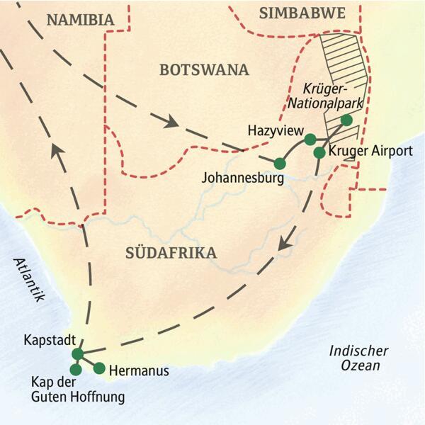 Die 14-tägige Familienreise nach Südafrika führt von Johannesburg in den Krüger-Nationalpark. Nach ausführlichen Safaritagen fliegen wir nach Kapstadt und besuchen Wale und das Kap der Guten Hoffnung.