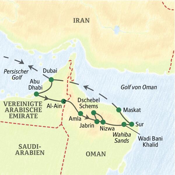 Auf unserer Studienreise Arabische Emirate-Oman - Höhepunkte kommen Sie unter anderem nach Dubai, Abu Dhabi, Nizwa, Wahiba Sands und Maskat.