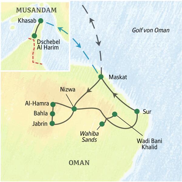 Bei unserer Studiosus-Reise in den Oman besuchen wir unter anderem Maskat, Sur, Nizwa, Wahiba Sands und fliegen in den Norden nach Khasab.