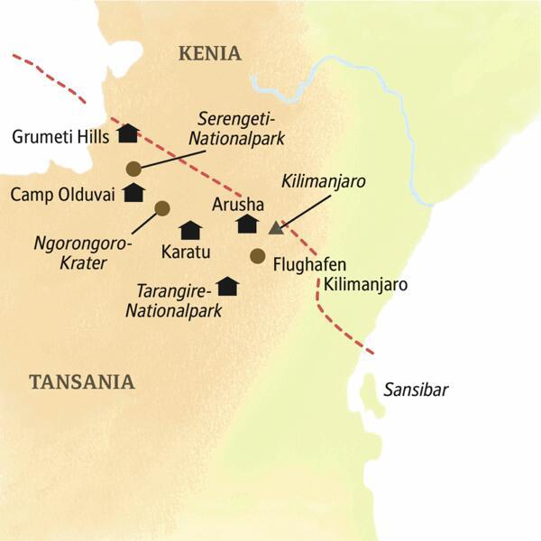 Unsere Standorte auf der smart & small-Rundreise durch Tansania sind Arusha, Karatu, Camp Olduvai und Grumeti Hills. Wir besuchen den Tarangire-Nationalpark, den Ngorongoro-Krater und den Serengeti-Nationalpark.