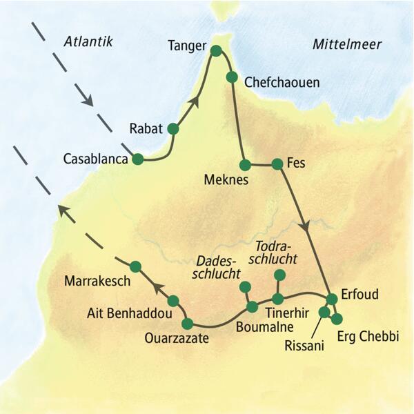 In zwei Wochen mit Ihrer Studiosus-Reiseleiterin die Vielfalt Marokkos kennenlernen: die Königsstädte Rabat, Meknes, Fes und Marrakesch, dazu den Norden mit Rifgebirge, Tanger und Chefchaouen, die Landschaften am Sahararand und die Straße der Kasbahs. Eine Studienreise, die alle Sinne berührt. Hier der Reiseverlauf der Studienreise Marokko - zwischen Rif und Atlas