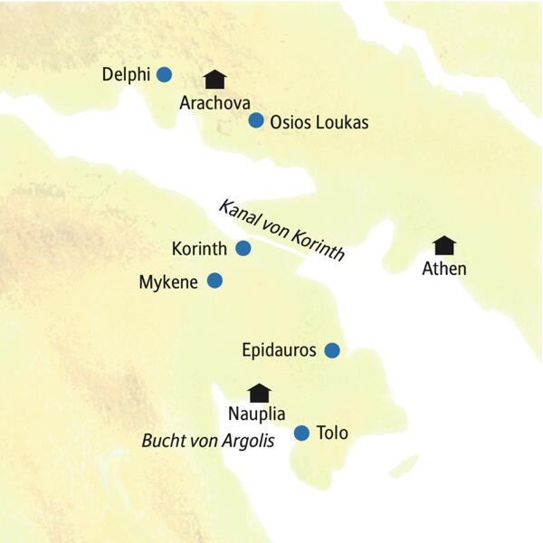Unsere Reise in kleiner Gruppe durch Griechenland führt uns nach Athen, Nauplia und Arachova. Wir besuchen Delphi, Mykene und Epidauros.