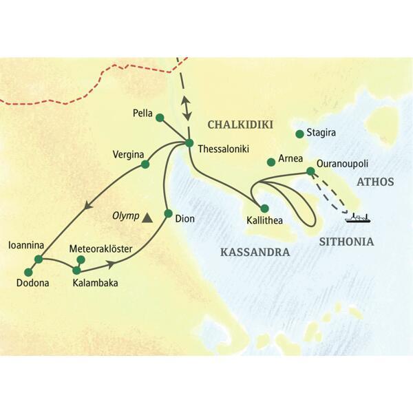 Die Route unserer Studienreise durch Nordgriechenland führt über Thessaloniki, Pella, Vergina, Ioannina, Dodona und Dion zu den Meteoraklöstern sowie auch auf die Chalkidiki-Halbinsel.
