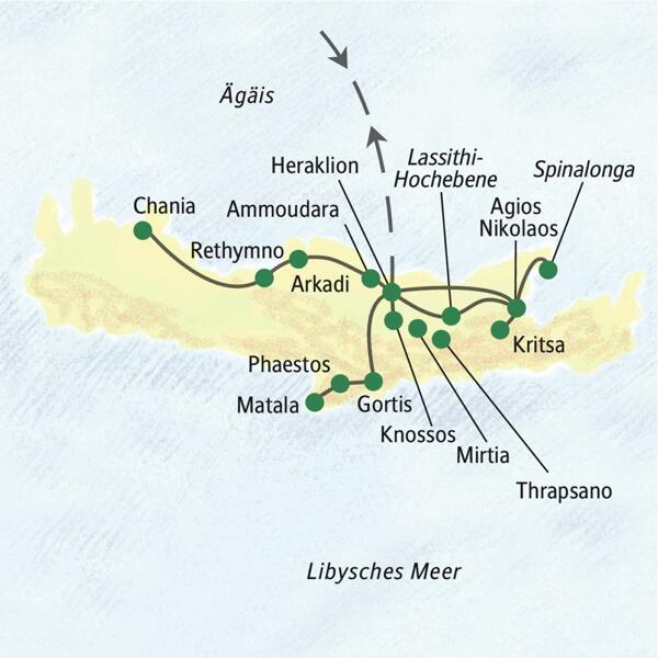 Die Reiseroute der Studienreise Kreta - Höhepunkte führt uns in die verschiedensten Ecken der Insel. Wir sehen Rethymno, Knossos, Matala, Chania und vieles mehr.