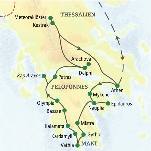 Unsere Reiseroute durch Griechenland startet in Athen und führt über Epidauros, Mykene, Mistras, die Mani, Kalamata und Olympia nach Delphi. Auch die Meteoraklöster erleben Sie auf dieser Wanderreise.