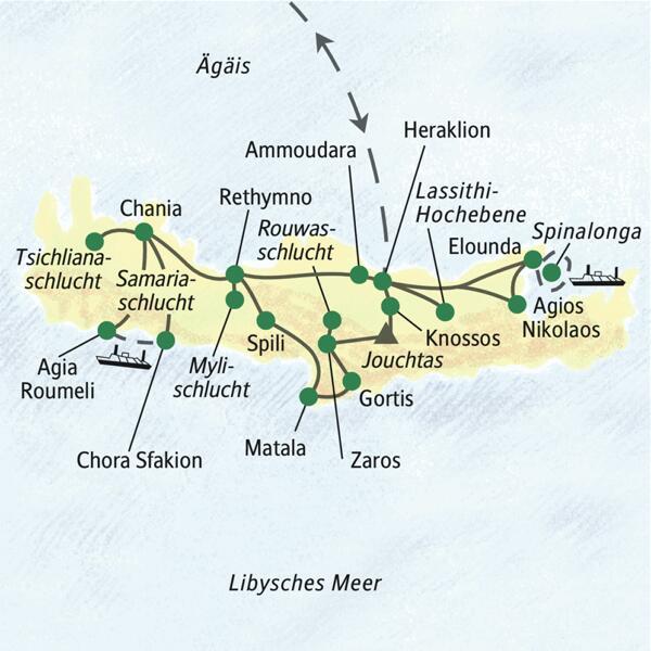 Unsere Wanderreise auf Kreta startet in Heraklion und führt u. a. über Zaros, Chania und Ammoudara zurück nach Heraklion. Highlights der Reise: Knossos, die Samariaschlucht, die Lassithi-Hochebene.