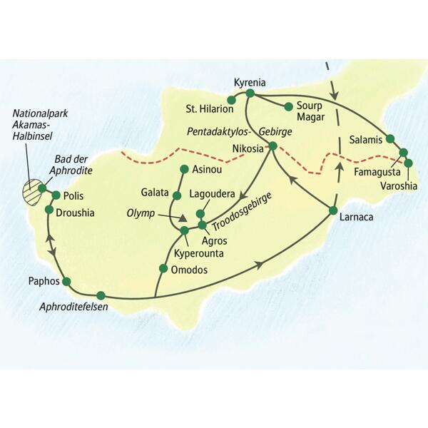 Diese 10-tägige Wanderreise nach Zypern führt in den Süden an Aphrodites Küste und zu beeindruckenden Gebirgen. Im Norden dann wildromantische Natur, orientalische Gastfreundschaft und Burgruinen mit Weitblick