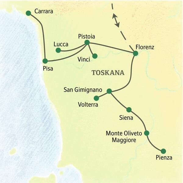 Auf unserer Klassik-Reise Toskana besuchen wir von den beiden Standorten Pistoia und San Gimignano aus alle Höhepunkte und Kulturschätze der Region wie Florenz, Siena, Lucca, Pisa, Volterra und Pienza.