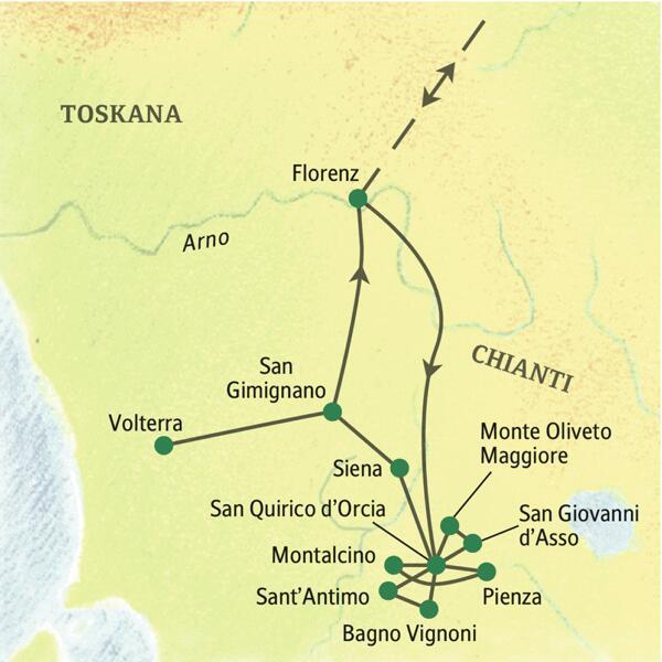 Auf unserer neuntägigen Wander-Studienreise durch die Toskana wandern Sie von den beiden Standorten San Quirico und San Gimignano aus zwischen Pinien und Zypressen. Wie sehen aber auch Florenz, Siena, Pienza, San Gimignano und mehr.