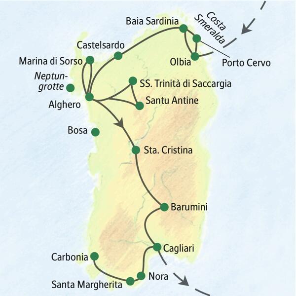 Stationen der Reise Sardinien - mit Muße sind unter anderem Olbia, Castelsardo, Alghero, Cagliari und Santa Margherita.