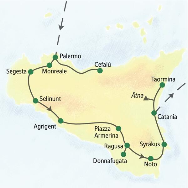 Die wichtigsten Stationen unserer klassischen Studienreise nach Sizilien: Palermo, Selinunt, Agrigent, Noto, Syrakus, Catania, Taormina.