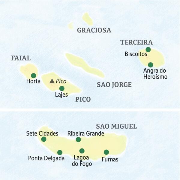 Die Karte zeigt den Verlauf unserer Naturerlebnis-Studienreise zu den Azoren: Terceira mit Bisoitos und Angra do Heroísmo, Faial mit Horta, Pico mit Lajes und Sao Miguel mit Ponta Delgada und weiteren Orten.