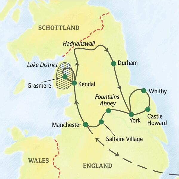 Die Reise beginnt am Flughafen von Manchester. Von dort fahren wir nach Kendal, am Rande des Lake Districts, dann vorbei am Hadrianswall und über Durham nach York, weiter u.a. nach Whitby, Saltaire Village und schließlich zurück nach Manchester.
