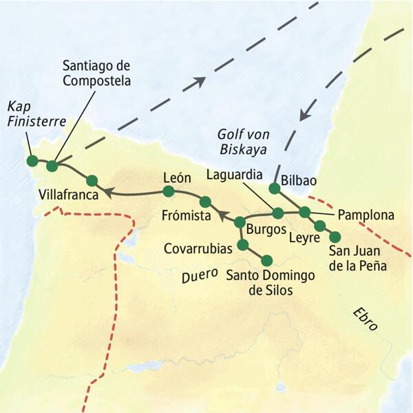Die Route unserer 12-tägigen Studienreise entlang des Jakobsweges im Norden Spaniens startet in Bilbao und führt über Pamplona, Burgos, León und Villafranca bis nach Santiago de Compostela. Zum Abschluss unternehmen wir einen Ausflug ans "Ende der Welt", das Kap Finisterre.
