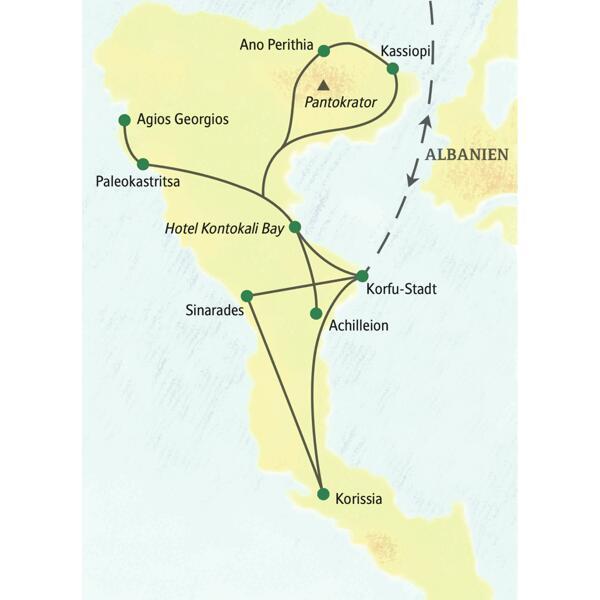 Routenverlauf der geführten Rundreise auf Korfu ab Kontokali Bay nach Korfu-Stadt, Paleokastritsa, Achilleion und Kassiopi.