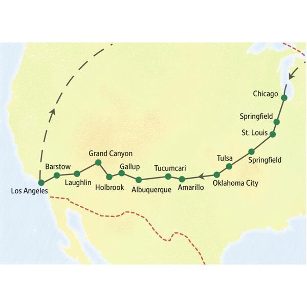 Karte der Studiosus Studienreise auf der Route 66, die von Chicago über St. Louis, Albuquerque und Grand Canyon nach Los Angeles führt.