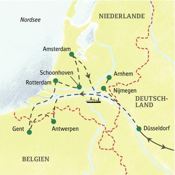 Karte unserer Studienreise als Kreuzfahrt in die Niederlande und nach Belgien mit Route ab Düsseldorf zu Amsterdam, Gent und Antwerpen.