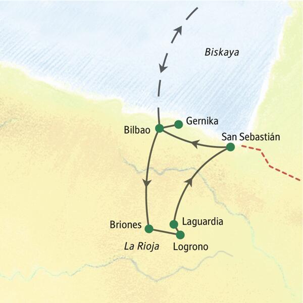 Karte der geführten Studienreise im Baskenland und La Rioja, die von Bilbao über Gernika und San Sebastián nach Logrono führt.
