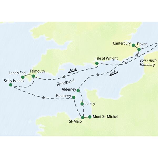 Verlauf der Studiosus Studienreise im Ärmelkanal: Die Kreuzfahrt führt von Hamburg zur Isle of Wight, Cornwall, den Kanalinseln.