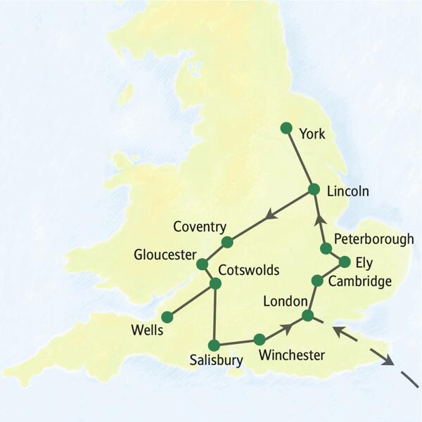 Karte der Studienreise durch England, die in London startet und über York, Coventry und Salisbury wieder zurückführt.