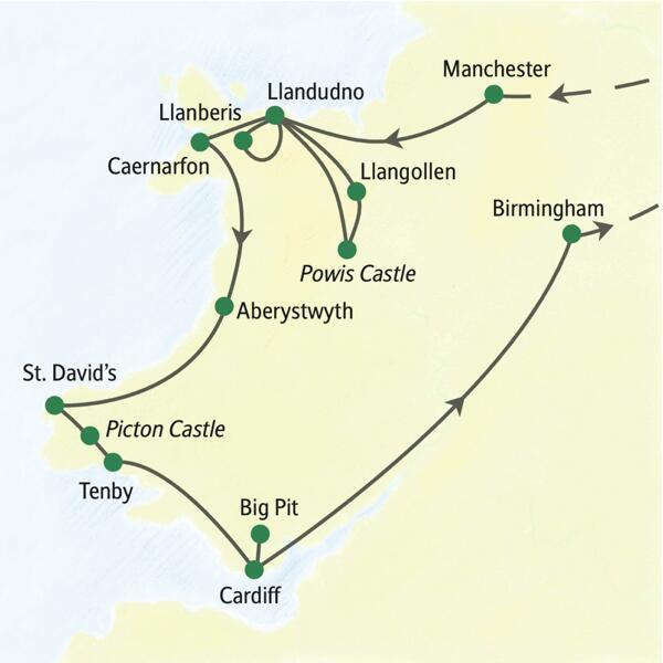 Karte der Studiosus Studienreise in Wales: Route von Llandudno über Caernarfon und St. David's nach Cardiff.