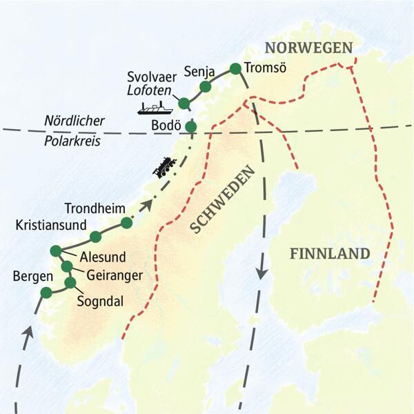Karte der Studiosus-Reise Norwegens schönste Landschaftsrouten. Die Route führt von Bergen über die Fjorde und die Lofoten bis nach Tromsö.