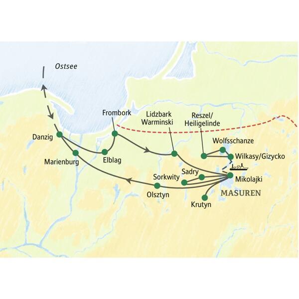 Routenverlauf der Eventreise in Polen: von Danzig durch die Masuren mit Mikolajki und Wilkasy, zurück über die Marienburg.