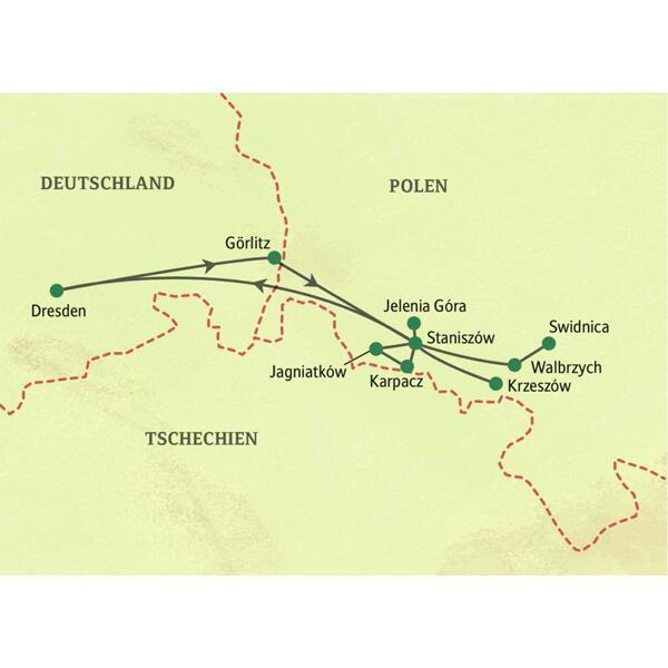 Karte der Studienreise nach Polen, die von Dresden über Görlitz nach Jelenia Góra, Karpacz, Swidnica und Krzeszów führt.
