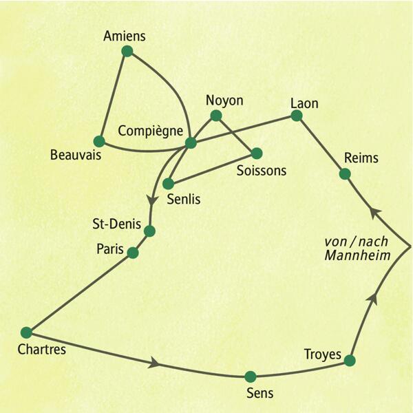 Karte der Studienreise in die Heimat der Gotik, die ab Mannheim über Reims, Amiens, Paris und Chartres führt.