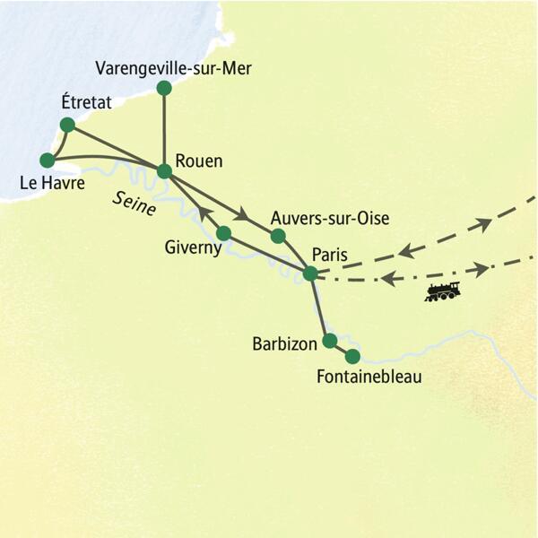 Reiseroute der Studiosus-Studienreise zu den Impressionisten: von Paris über Giverny, Rouen und Étretat zurück nach Paris.