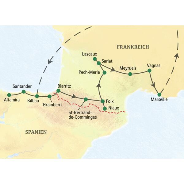 Karte der geführten Studienreise von Bilbao über Altamira, Lascaux und die Pyrenäen bis nach Marseille in Frankreich.